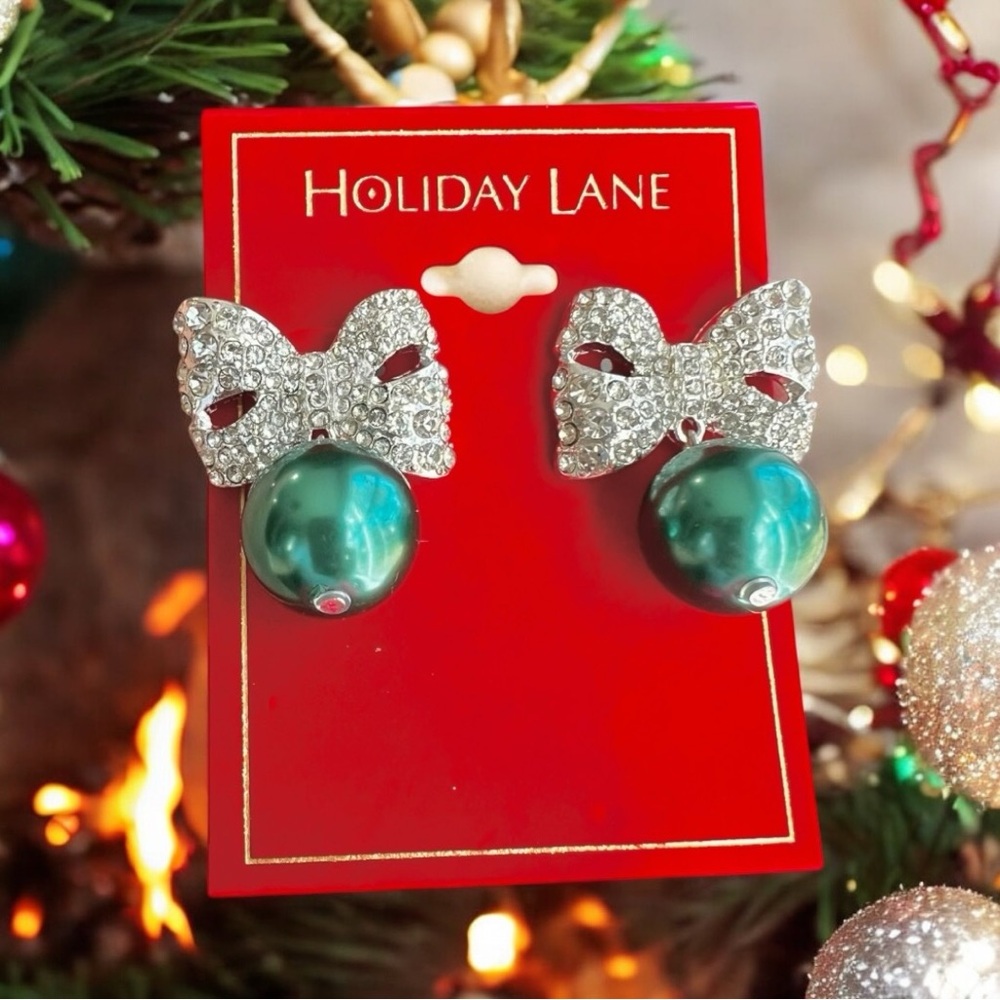 Pavé Ribbon Silver Tone Green Christmas Ornament Stud Earring Holiday Lane New